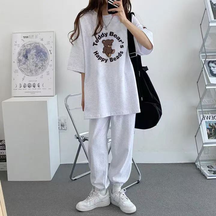 한국 스타일 알파벳 프린트 라운드 넥 반팔 긴 바지 투피스 세트 캐주얼 운동 여름