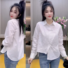 批发2025时尚新款刺绣拼接翻领百搭衬衫时尚减龄宽松显瘦纯色上衣女