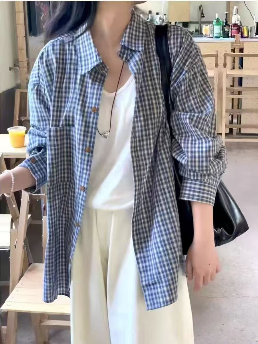 틈새 시장 한 부서 래티스 여성 셔츠 봄과 가을 새로운 와일드 느슨한 게으른 바람 맨위 외부 가져 가라. 격자 무늬 셔츠 외투
