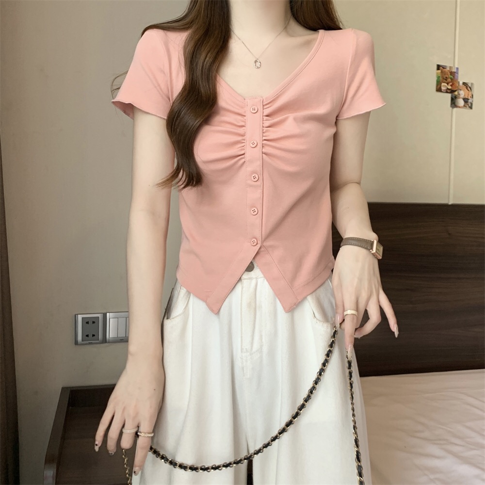 MY267#40支纯棉210克92棉/8氨纶 V领短袖T恤女设计女裝貨源服裝批發