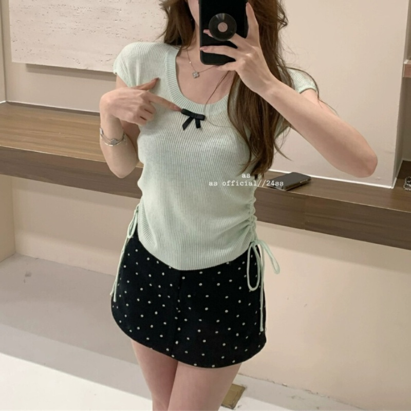 MY206#新款甜美纯欲辣妹圆领收腰抽绳显瘦冰丝蝴蝶结短袖T恤女裝貨源服裝批發
