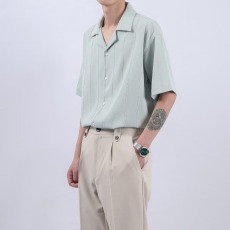 批发古巴领短袖纹理面料<b class='q'>精致</b>潮男衬衫ins夏季时尚青少年纯色潮流标准