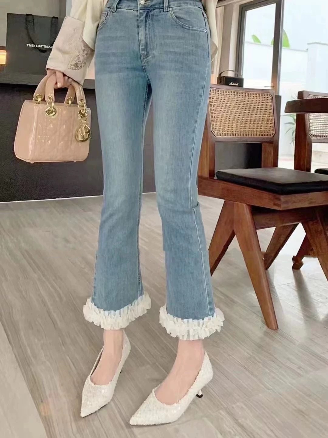 MY228# 花边微喇牛仔裤女新款春装高腰修身显瘦小个子喇叭裤子女裝貨源服裝批發