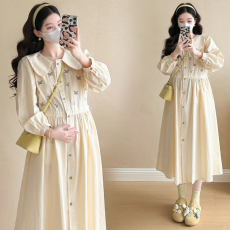 批发日系初春孕妇装长袖娃娃领连衣裙女春<b class='q'>秋</b>初恋清纯刺绣奶甜裙子