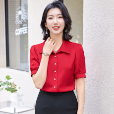 批发新中式短袖衬衫女职业气质酒店高级餐饮<b class='q'>服务员</b>工作服前厅接待工装