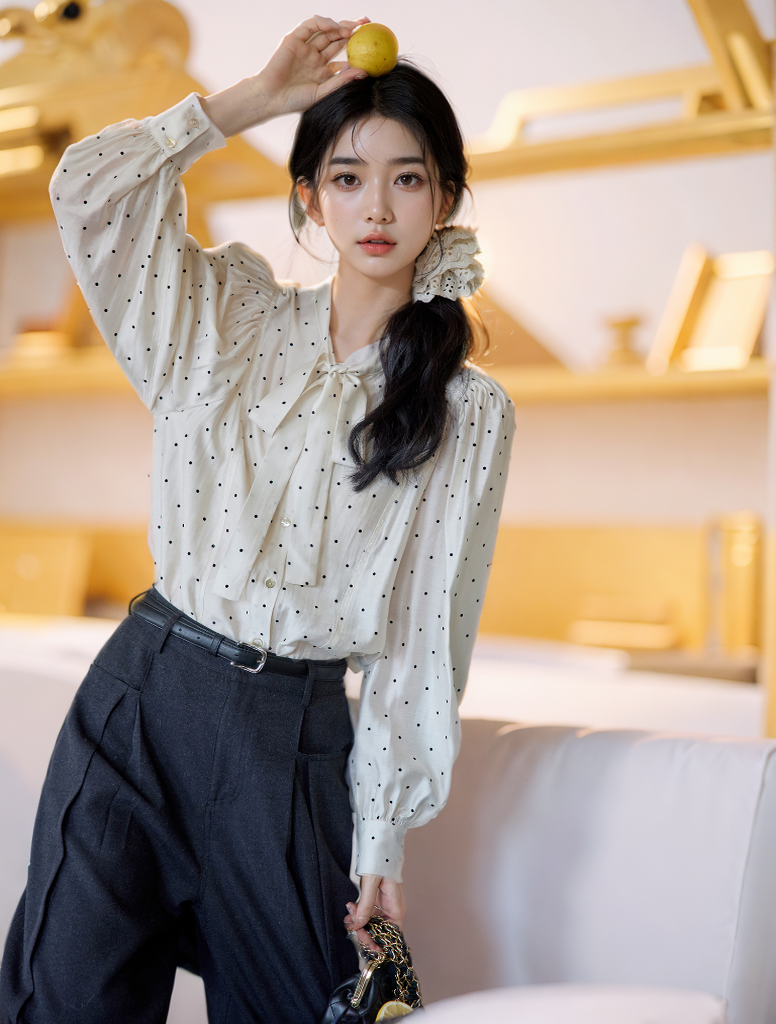 프랑스어 주간 실크 혼합 나비 넥타이 식물 캐시미어 웨이브 포인트 여성 셔츠 슬림 디자인 센스 기질