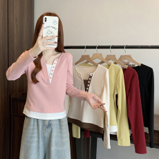 批发实拍2026春装新款胖mm<b class='q'>大码</b>女时尚<b class='q'>韩版</b>拼接撞色半开领长袖上衣