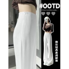 批发白色冰丝西装裤女春夏提臀收腹雪纺高腰阔腿裤侧拉链垂感直筒裤xs