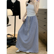 批发实拍~大码女装松紧腰抽绳格子半身裙韩系高腰显瘦chic<b class='q'>拖地</b><b class='q'>长裙</b>子