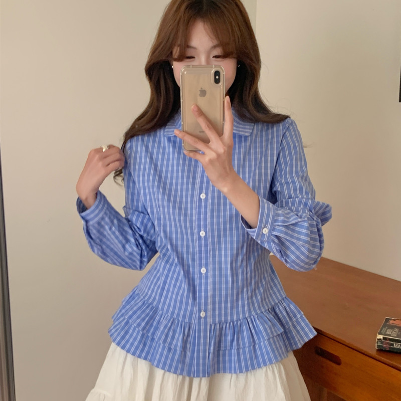 실사 장난기 넘치는 연령 감소 폴로 칼라 싱글 줄 버튼 허리 수축 긴팔 셔츠 배색 체크무늬 레이스업 셔츠 맨위