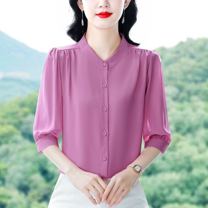 실사 2026 봄 여름 새로운 외국 가스 7부 소매 맨위 품격 연령 감소 라운드 넥 셔츠 여성 빅 사이즈 작은 셔츠