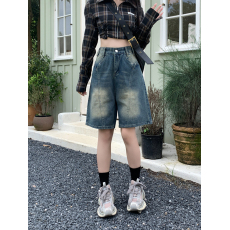 批发网图美式复古水洗五分<b class='q'>牛仔</b><b class='q'>短裤</b>女夏季<b class='q'>高腰</b>宽松显瘦直筒阔腿中裤子