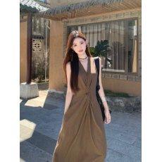 批发优质质量  无袖背心<b class='q'>连衣裙</b>女夏季设计感长裙v领收腰显瘦a字裙子