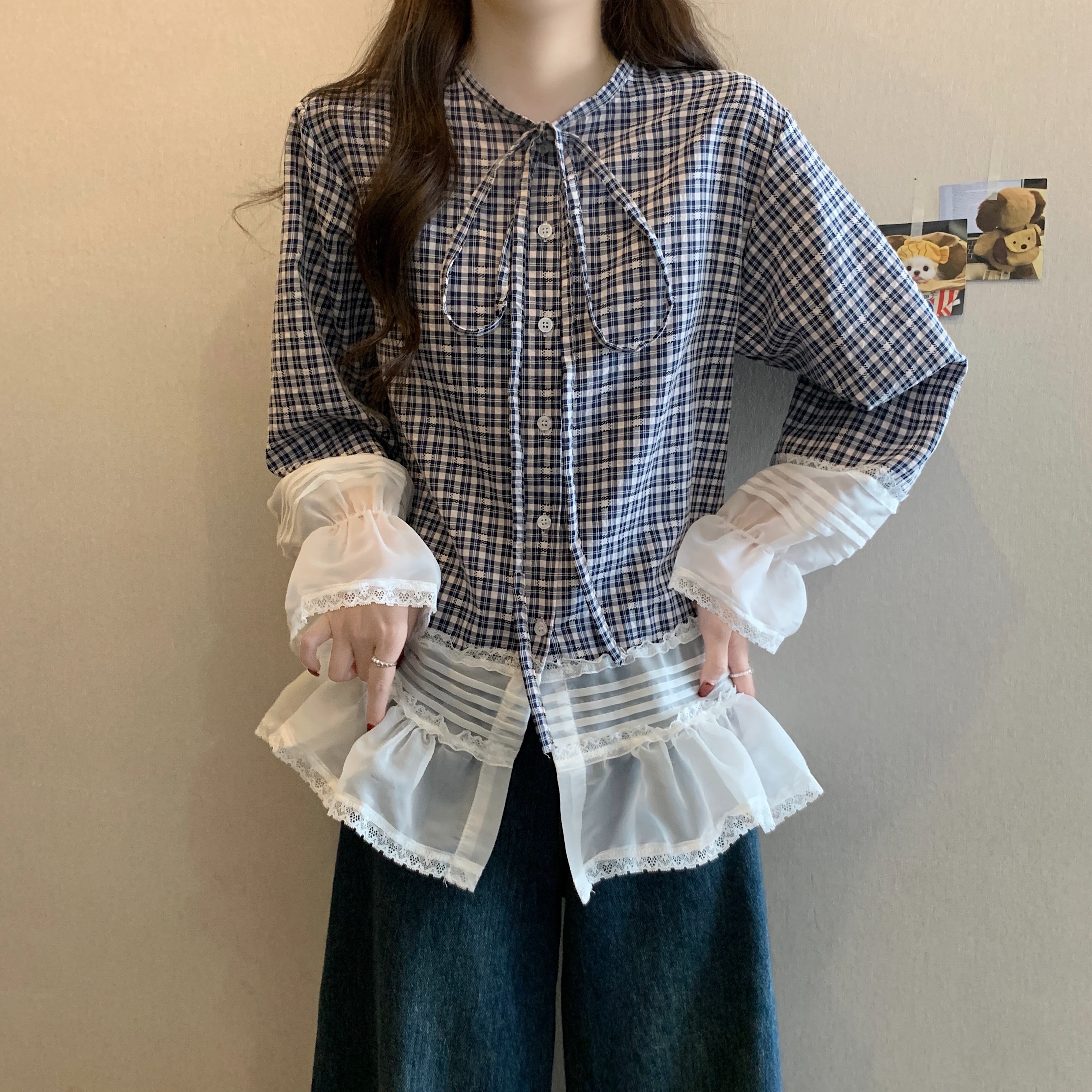 FA12396# 大码春季新款小众设计感蕾丝拼接衬衣宽松显上衣小衫 服裝批發女裝批發服飾貨源
