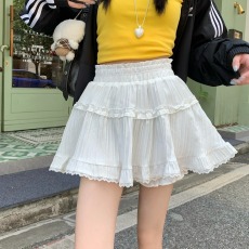 批发原版做法~小清新甜美褶皱高腰<b class='q'>半身</b>裙女春季A字显瘦蓬蓬裙裤ins