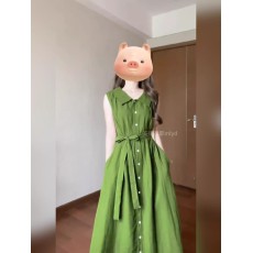 批发法式绿色翻领无袖连衣裙女2026新款夏季复古气质单排扣<b class='q'>开衫</b>长裙子