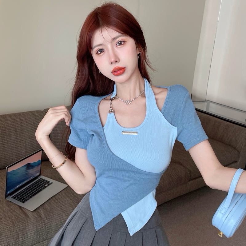 MY224# 不规则假两件正肩短袖t恤女上衣甜辣短款女裝貨源服裝批發