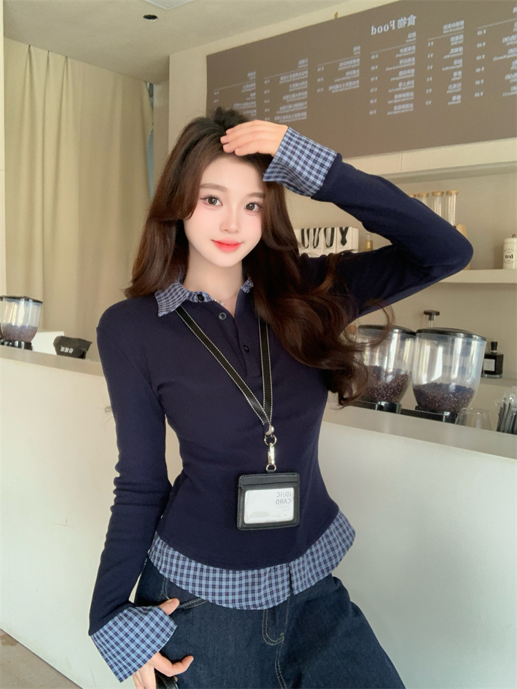 실사 블루 POLO 칼라 페이크 레이어드 긴팔 티셔츠 여성 가을 디자인 센스 몸매 가꾸기 인사이드 가져 가라. 기본 셔츠 맨위