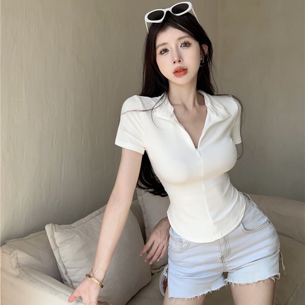 MY222# 纯棉 32支拉架  拉链翻领紧身polo领上衣女裝貨源服裝批發