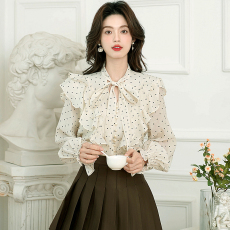 批发26春秋法式气质名媛甜美荷叶边植绒爱心系带珍珠扣长袖<b class='q'>衬衫</b>女上衣