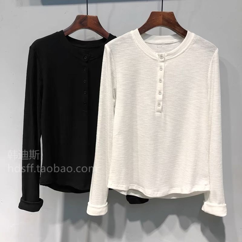 MY16380# 新款韩系纯色圆领排扣简约螺纹棉长袖T恤上衣女女裝貨源服裝...