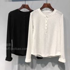 批发原版品质~2026春装新款韩系纯色圆领排扣简约螺纹棉<b class='q'>长袖</b><b class='q'>T</b><b class='q'>恤</b>上衣女