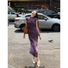 批发芙蓉新中式缎面蝴蝶改良旗袍女春夏水滴领镂空连衣裙