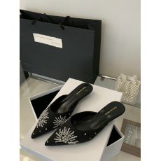 纯手工水钻拼花猫跟低跟尖头包头半拖鞋休闲女鞋懒人拖鞋外穿