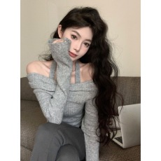 批发纯欲挂脖针织衫女2025春<b class='q'>夏</b>一字肩长袖打底衫辣妹露肩短款甜辣上衣