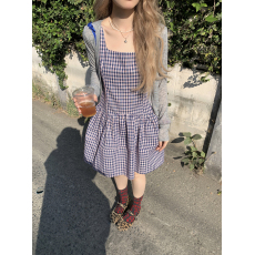 批发微胖法式复古背心格子<b class='q'>连衣裙</b>夏复古高腰洛丽塔设计感<b class='q'>无袖</b>a字短裙