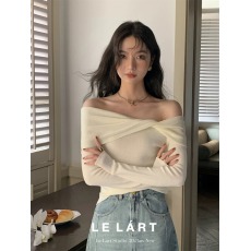 批发2025春夏新款韩版设计感亮丝一字肩针织衫小众纯欲露肩显瘦上衣女