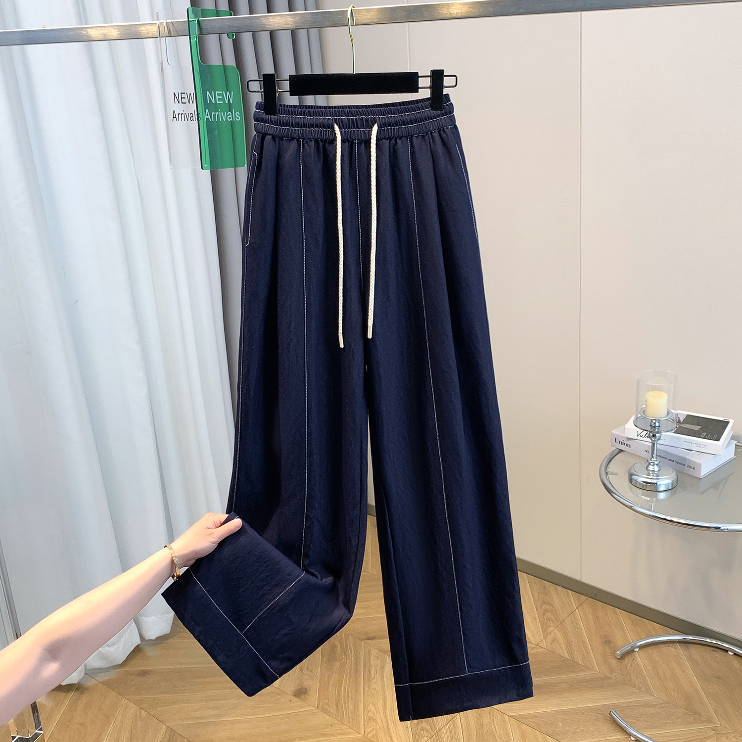 실사 허리밴드 모통이 칼 청바지 좁은 에디션 와이드 레깅스 바지 빅 사이즈 배 모양 몸 마이크로 지방 다리 두꺼운 슬림해 보이는 바지