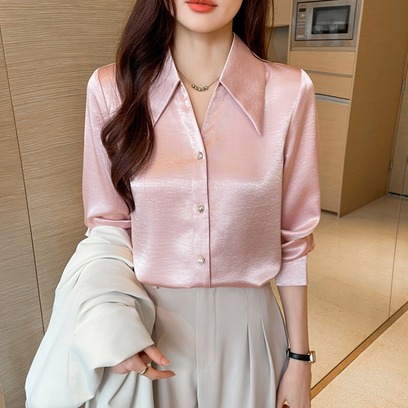 MY17424# 法式气质V领衬衫女长袖高级感缎面衬衣女裝貨源服裝批發