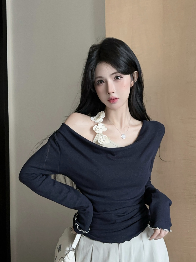 MY1623# 韩系氛围感立体花朵设计假两件荡领长袖针织衫上衣T恤女女裝貨源服裝批發
