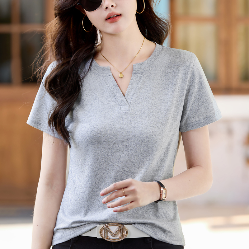 RY160# 夏季纯色简约百搭短袖t恤女V领显瘦上衣女气质韩版网红打底衫体...