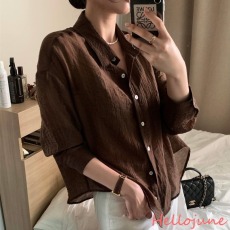 批发Hellojune韩国东大门通透气质欧尼棕色单排扣长袖防晒衬衫