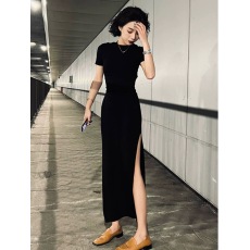 批发满天星 已出货 罗纹 <b class='q'>连衣裙</b>夏季新款收腰显瘦<b class='q'>开叉</b>中长裙