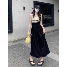 批发天猫抖音质量拼接拉链<b class='q'>无袖</b>条纹连衣裙夏收腰显瘦大摆长裙<b class='q'>背心</b>裙子