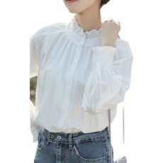 批发白色衬衫女2025秋立领木耳边长袖上衣设计感小众甜美<b class='q'>日系</b>叠穿衬衣