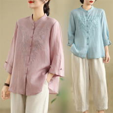 批发实拍2026复古国风重工刺绣衬衫<b class='q'>女</b>士春夏<b class='q'>新款</b>宽显瘦棉麻衬衣