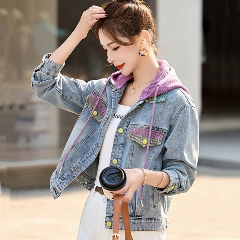배색 니트 후드 데님 재킷 캐주얼 루즈핏 2026 년 봄 가을 새로운 한국 스타일 외국 가스 다용도 슬림해 보이는
