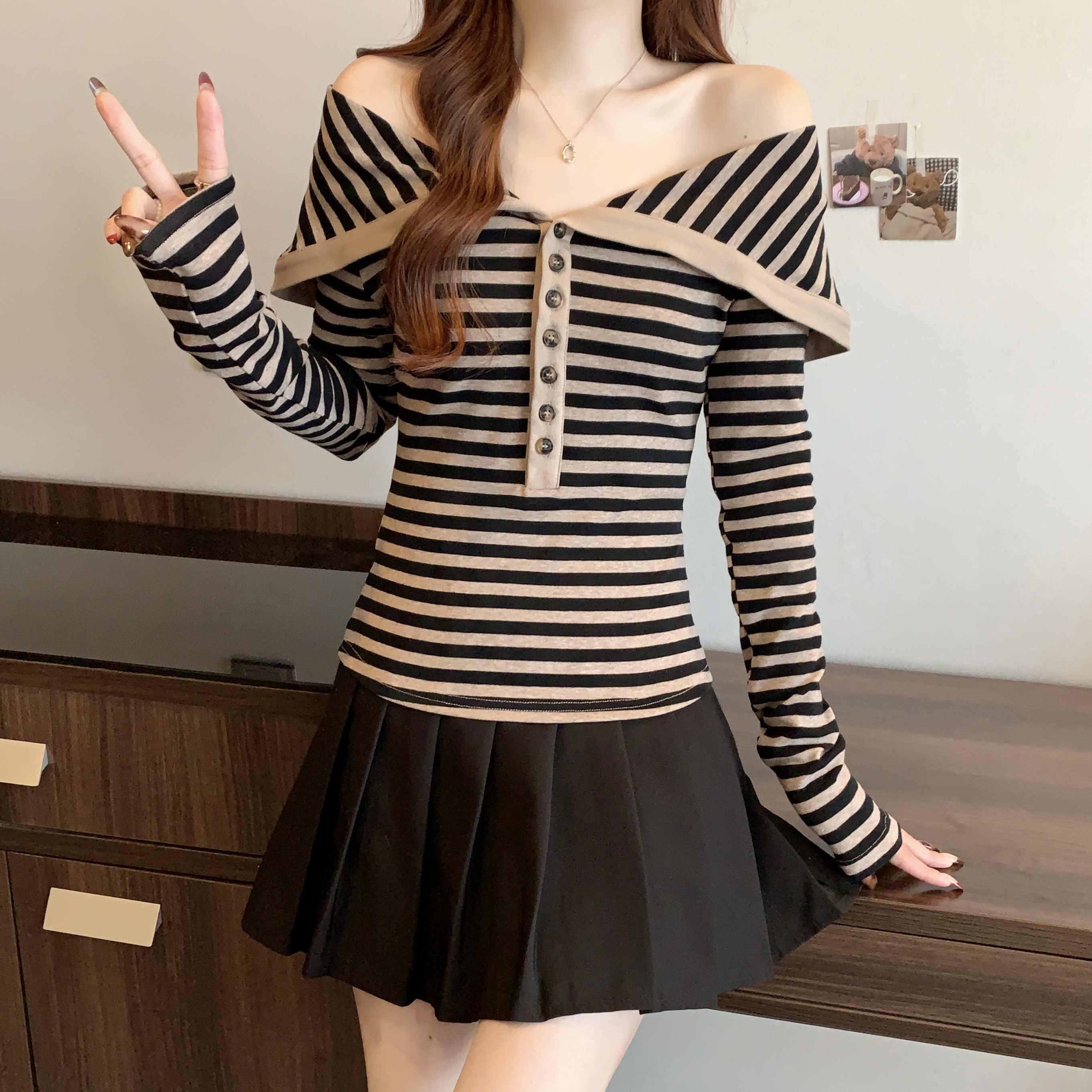 MY515# 新款大码胖mm咖色条纹长袖T恤设计感翻领上衣女裝貨源服裝批發