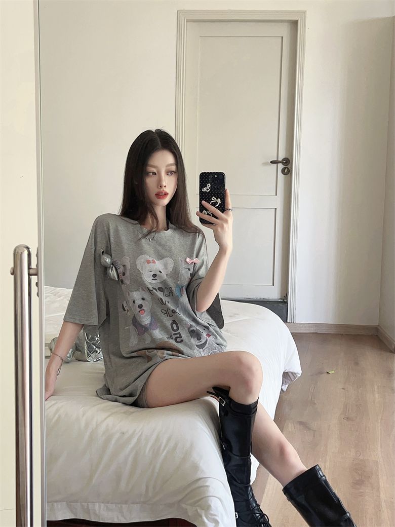 MY4476# 夏季短袖宽松中长款小个子灰色设计感印花小众T恤上衣女女裝貨源服裝批發