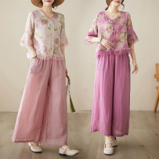 批发2026春夏实拍复古文艺小碎花衬衣女<b class='q'>欧根纱</b>拼接洋气衬衫<b class='q'>套装</b>