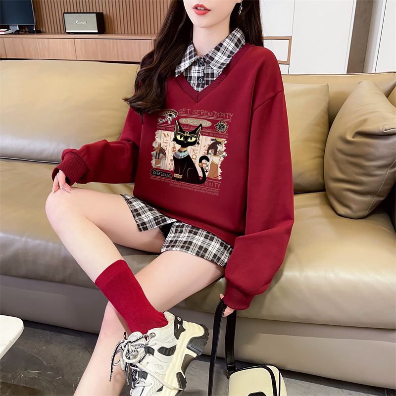 MY524# 后包领斜纹 上衣薄款POLO领格子卫衣女长袖外套女裝貨源服裝批發