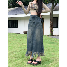 批发大码女装<b class='q'>秋</b>季时髦流苏高腰设计感a字开叉复古牛仔半身长裙