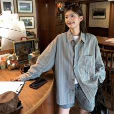 批发实拍实价 日系复古条纹<b class='q'>衬衫</b>女春秋<b class='q'>长袖</b>慵懒风<b class='q'>衬衣</b>宽松上衣ins潮