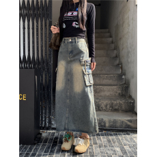 批发#设计感水泥灰高级感美式风潮流大口袋压褶垂感牛仔中长裙女