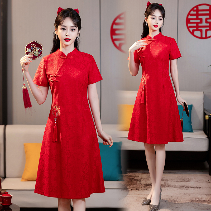 MY14353#改良旗袍新国风红色年轻款绣花礼服订婚连衣裙