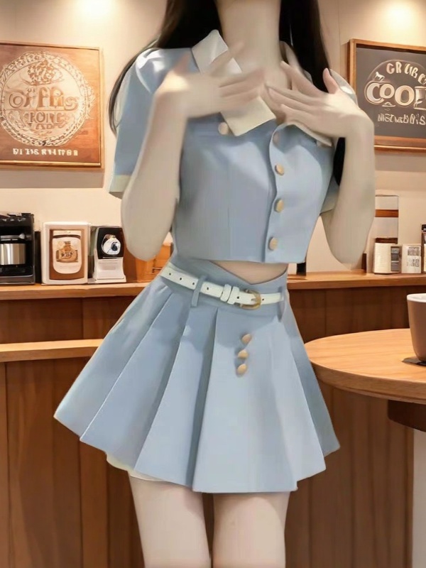 FA22691# 蓝色小香风套装高腰裙裤女夏季短款上衣甜酷学院风翻领两件套 服裝批發女裝批發服飾貨源